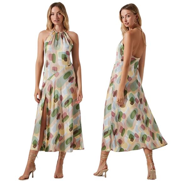 ASTR the Label Kazia Geo Print Halter Chain Strap Midi Dress Green Multi  Size XL